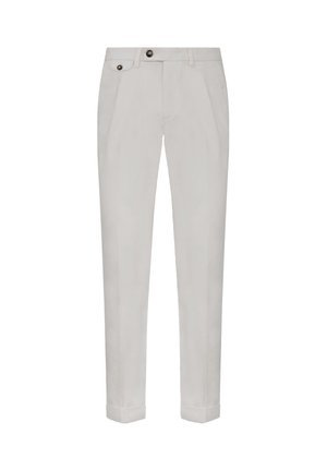Hellgraue Hose aus einem Stoff mit glatter Textur, ausgestattet mit zwei vorderen Knöpfen, maßgeschneidertem Schnitt und umgeschlagenen Säumen.