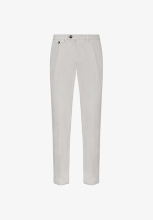 Ljust grå byxor i ett tyg med slät yta, med två framskjutande knappar, skräddarsydd passform och uppvikta fållar.