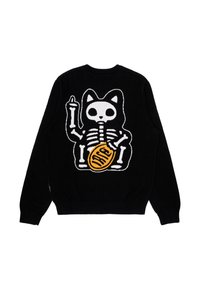 Maglione nero lavorato a maglia con un design di gatto scheletro bianco e una pallina gialla. Il maglione ha un collo rotondo e maniche lunghe.