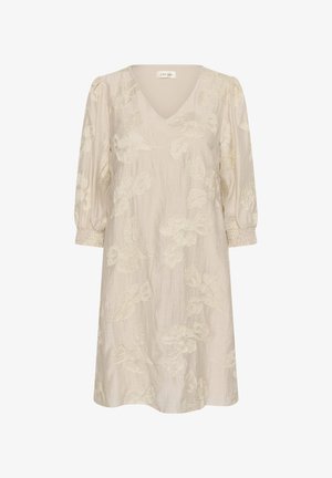 Cremefarbenes, knieumspielendes Kleid mit V-Ausschnitt, dreiviertel Puffärmeln und bestickten Blumenmustern auf dem gesamten Stoff.