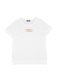 T-shirt bianca a maniche corte con logo "K-WAY" multicolore centrato sul petto. Materiale in cotone morbido con un design semplice.