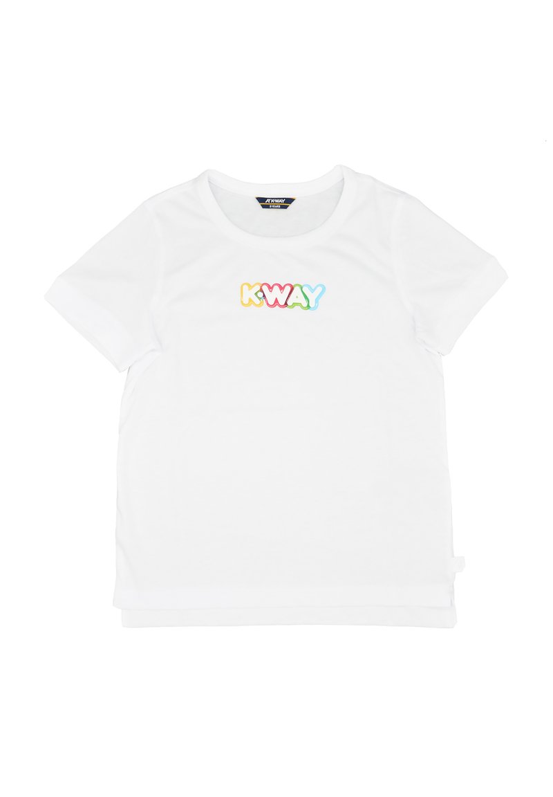 T-shirt bianca a maniche corte con logo "K-WAY" multicolore centrato sul petto. Materiale in cotone morbido con un design semplice.