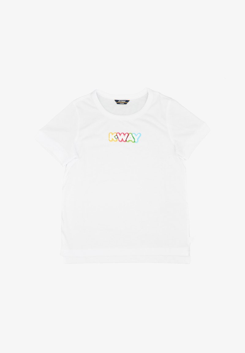 T-shirt bianca a maniche corte con logo "K-WAY" multicolore centrato sul petto. Materiale in cotone morbido con un design semplice.