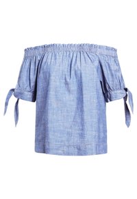 Top azzurro chiaro a spalle scoperte realizzato in un morbido tessuto testurizzato. Presenta un colletto elastico, maniche a palloncino e lacci alle estremità delle maniche.