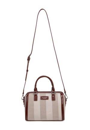 Beige en bruin gestreepte handtas met twee korte handvatten en een lange verstelbare schouderriem, voorzien van een "Diana & Co Firenze" label.