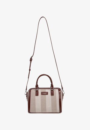 Borsa a righe beige e marroni con due manici corti e una tracolla lunga regolabile, con etichetta "Diana & Co Firenze".