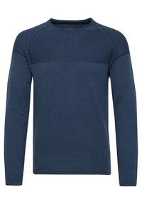 Cămașă cu mâneci lungi de culoare albastră închis, cu un panou superior texturat, manșete cu nervuri și guler rotund, având un material neted pe toată suprafața.