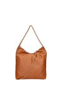 Borsa a spalla in ecopelle marrone trapuntata con tracolla a catena. Texture morbida e ampia, presenta un design morbido e un motivo a rombi.