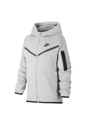 Sweat à capuche Nike zippé gris clair avec logo noir sur la poitrine, bandes noires en diagonale, poche latérale sur la manche et finitions noires aux poignets et à la base.