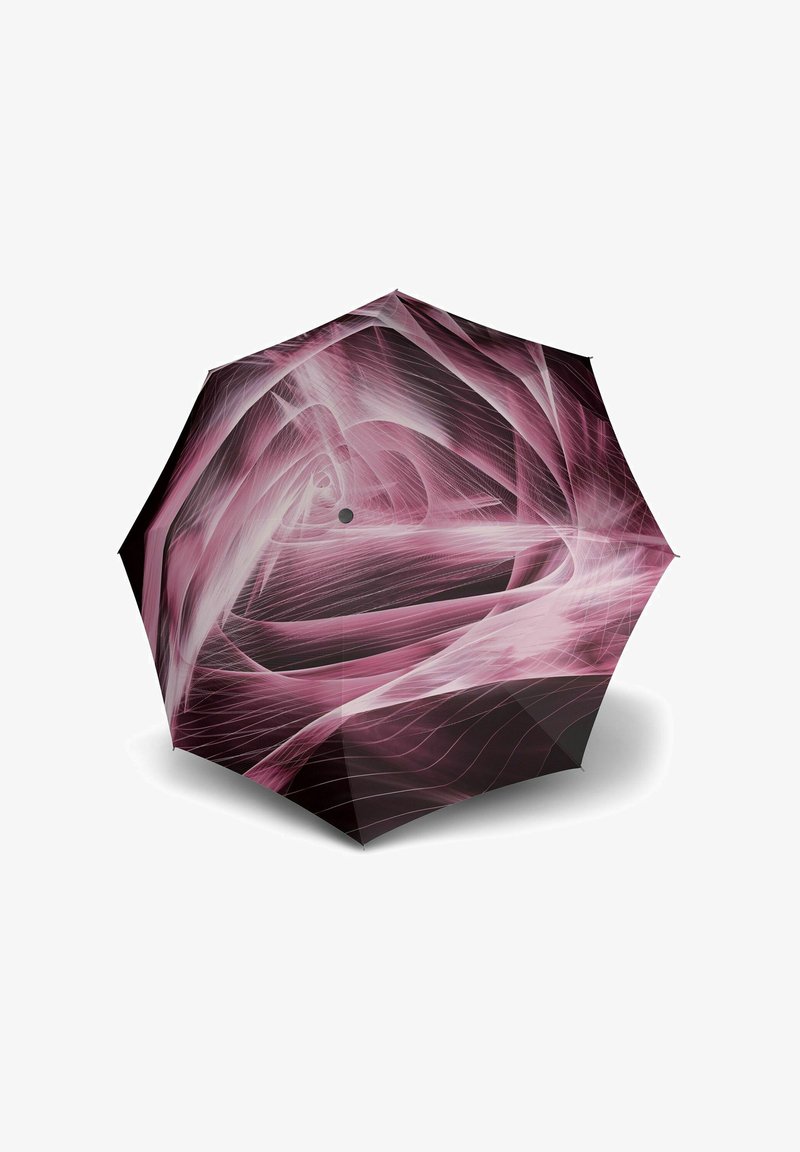 Paraplu met een zwart doek met een draaiend roze en witte abstracte patroon. Hexagonale vorm, lichtgewicht stof en metalen frame.