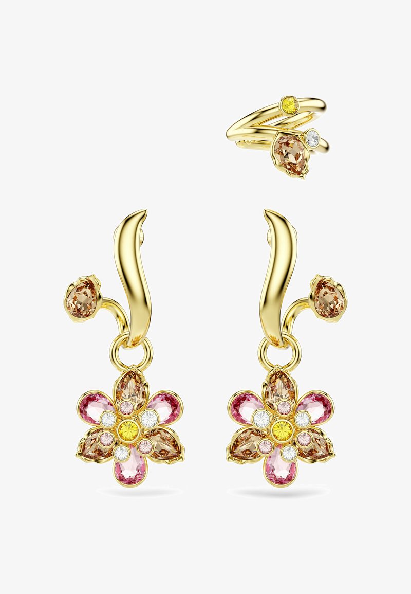 Orecchini floreali in oro e un anello coordinato impreziositi da gemme rosa, gialle, bianche e color champagne in un design delicato.