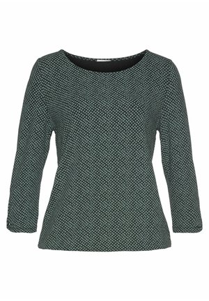 Grüner und schwarzer, gemusterter Langarmoberteil mit Rundhalsausschnitt, das über ein strukturiertes Rautenmuster und ein lockeres Design verfügt.