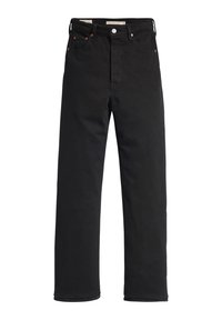 Pantalones de mezclilla negros con talle alto, corte recto, cinco bolsillos y detalles en metal cobre. Tejido clásico y durable.