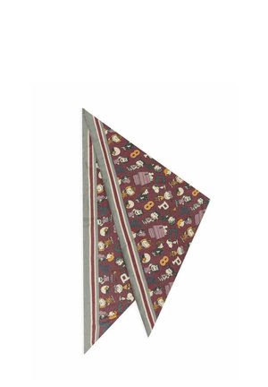 Folded maroon scarf with cartoon characters, letters, and numbers patterned, bordered with gray and red stripes.