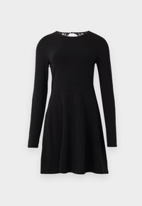 Black long-sleeve dress with a fitted bodice and flared skirt, featuring a lace detail at the back neckline. Smooth fabric texture.