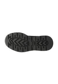 Suola di scarpa in gomma nera con superficie testurizzata, caratterizzata da un motivo a zigzag e con accenti rialzati per una maggiore aderenza e durata.