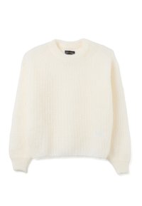 Cream-colored textured knit sweater with long sleeves and ribbed cuffs, crew neckline, and a small black tag at the collar.