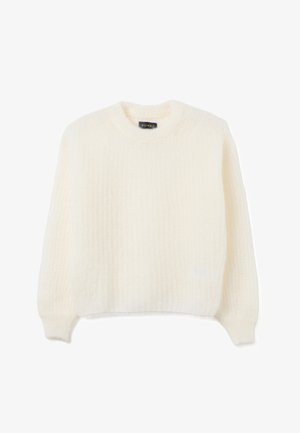 Roomkleurige gebreide trui met textuur, lange mouwen en geribbelde manchetten, ronde halslijn en een klein zwart label bij de kraag.