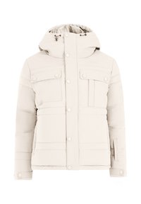 Licht beige gewatteerde winterjas met capuchon, vooraan drukknopen, klepborstzakken en manchetten met sluitingen voor koud weer.