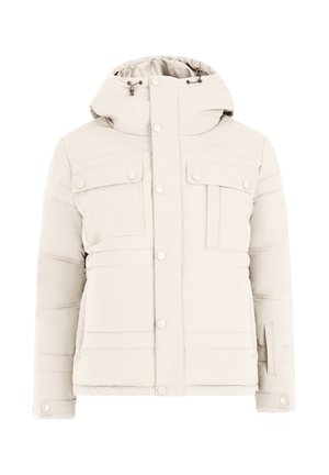 Hellbeige gepolsterte Winterjacke mit Kapuze, vorderem Druckknopfverschluss, Klappentaschen auf der Brust und Krawatten an den Ärmelbündchen für kaltes Wetter.