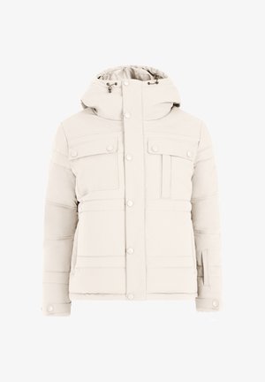 Chaqueta de invierno acolchada de color beige claro con capucha, botones de presión en la parte delantera, bolsillos con tapa en el pecho y correas en los puños para climas fríos.