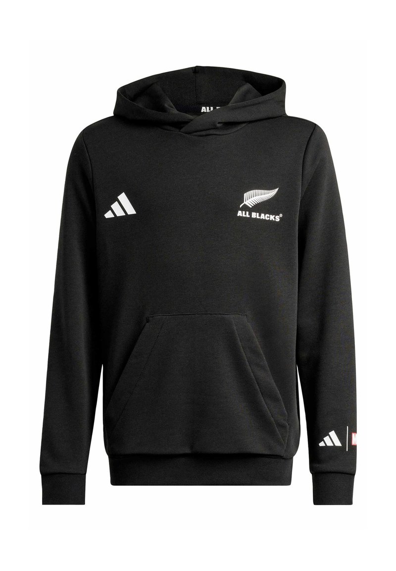 Felpa nera Adidas con tasca a marsupio frontale, logo degli All Blacks e simbolo Adidas sul petto, loghi Adidas e Marvel sulla manica sinistra.