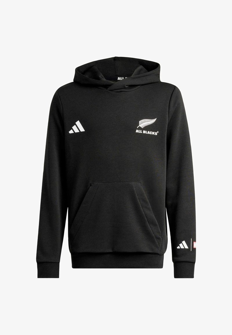 Felpa nera Adidas con tasca a marsupio frontale, logo degli All Blacks e simbolo Adidas sul petto, loghi Adidas e Marvel sulla manica sinistra.