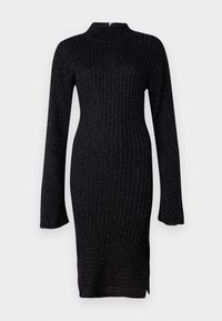 Robe midi noire en maille côtelée à manches longues, légère brillance, col montant et petite fente latérale à l'ourlet.
