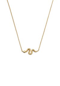 Collar de oro con un diseño de serpiente ondulada y detalles texturizados, suspendido de una delicada cadena con eslabones ovalados.