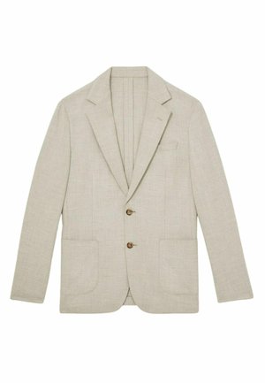 Ljusbeige linneblazer med slag, två framfickor och två knappstängning. Har en subtil textur och oinstruerad design.