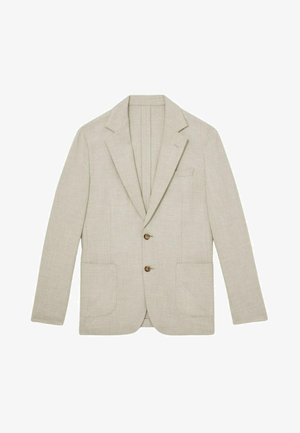 Blazer en lin beige clair avec un col cranté, deux poches avant et une fermeture à deux boutons. Présente une texture subtile et un design non structuré.
