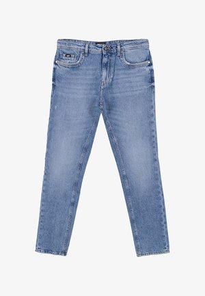 Lichtblauwe denim jeans met een rechte pijp, vijf-pocket ontwerp en een voorkant met knoop en ritssluiting. Zachte, licht versleten textuur.