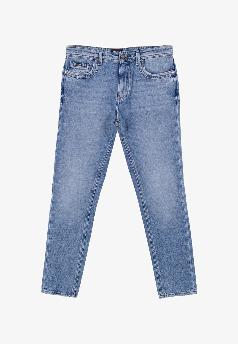 Jeans in denim azzurro chiaro con taglio dritto, design a cinque tasche e chiusura frontale con bottone e zip. Tessuto morbido, con una leggera usura.