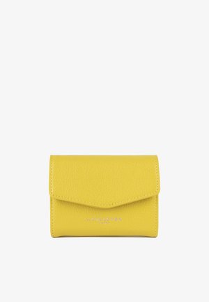 Yellow leather wallet with a textured finish, featuring an envelope-style flap closure and embossed "LANCASTER PARIS" logo.