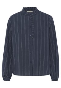 Marineblauwe blouse met lange mouwen, verticale witte strepen, gerimpelde kraag, knoopsluiting en gathered manchetten. Lichtgewicht, gestructureerde stof.