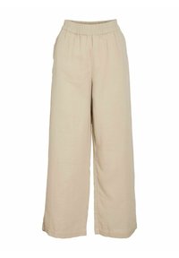 Pantalons larges beiges en tissu léger ; dotés d'une taille élastique et d'un design plissé pour le confort et la liberté de mouvement.