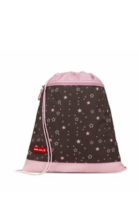 Borsa a cordino marrone con accenti rosa, motivo a stelle, texture liscia e logo sul lato. Presenta una chiusura superiore a coulisse e una tasca con zip.