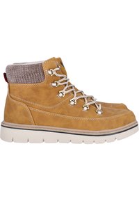 Bruna läderankelstövlar med grå stickad krage, platta snören, metallöglor och vit gummisula med svart accent. Har sömnadsdetaljer.