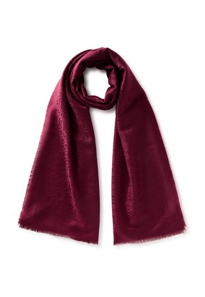 Sciarpa in tessuto morbido color bordeaux con sottili motivi geometrici intrecciati, arrotolata liberamente, con bordi frangiati su uno sfondo bianco.