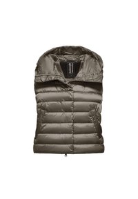 Gilet imbottito verde oliva, con design trapuntato, colletto alto, chiusura con zip e etichetta con marchio, dotato di fodera interna testurizzata.