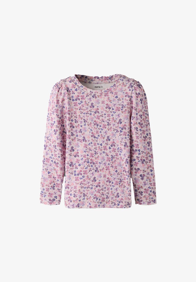 Langärmliges pinkes Hemd mit Rundhalsausschnitt und einem durchgehenden lila-pinken Blumenmuster, entworfen für Kinder.