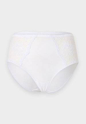 Weiße Damenunterwäsche mit hohem Bund und transparenten, bestickten floralen Spitzeneinsätzen an den Seiten vor neutralem Hintergrund.