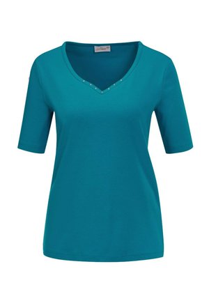 Teal katoenen t-shirt met korte mouwen, V-hals en versieringen langs de halslijn. Gladde textuur en een ontspannen pasvorm.