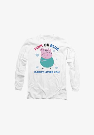 White long-sleeve t-shirt featuring a cartoon pig in a teal shirt, with text reading "PINK OR BLUE DADDY LOVES YOU" and blue and pink hearts.