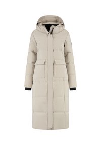 Beige gewatteerde lange jas met een capuchon, een rits aan de voorkant, twee klepzakken en zwarte accenten bij de manchetten. Heeft een doorgestikt patroon.