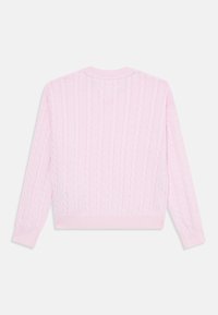 Maglione rosa lavorato a maglia con motivo a treccia, scollo rotondo, maniche lunghe e polsini e orlo a coste. Texture liscia con finitura morbida.