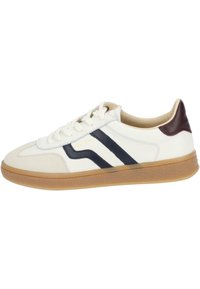 White sneaker with navy blue stripes, textured gum rubber outsole, and burgundy heel accent; made of leather and suede materials.