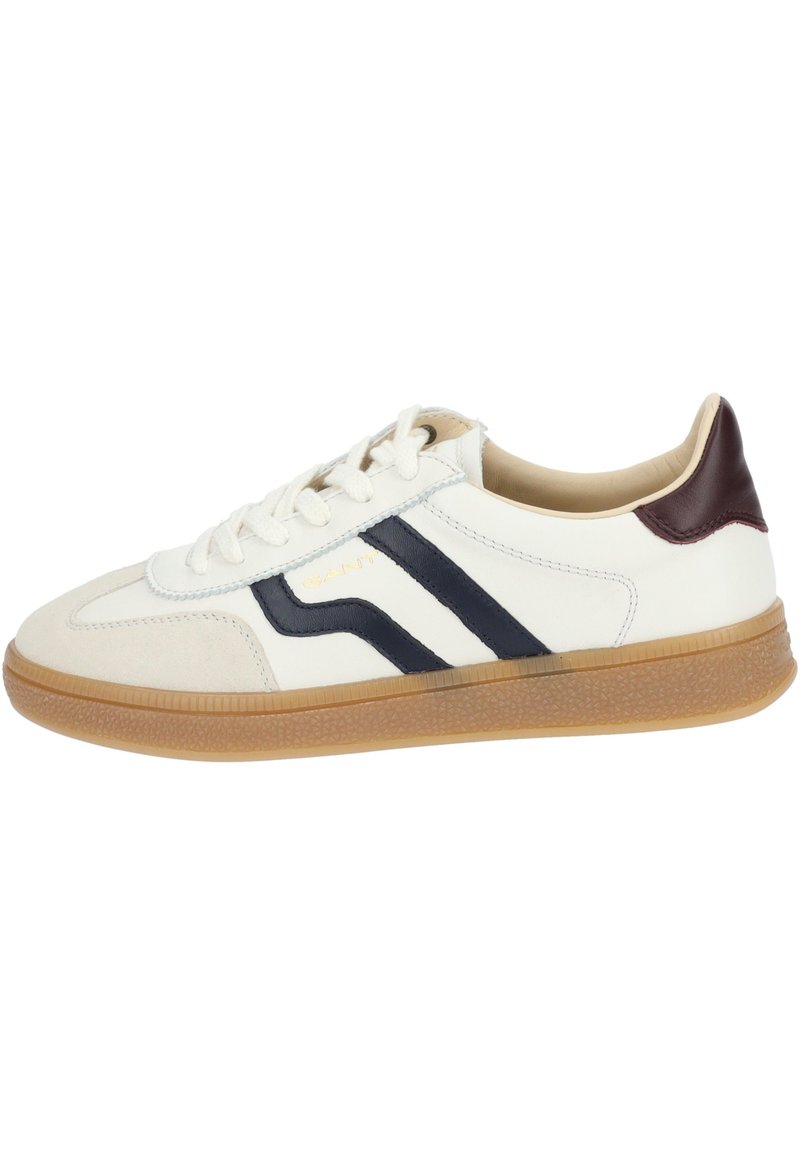 White sneaker with navy blue stripes, textured gum rubber outsole, and burgundy heel accent; made of leather and suede materials.