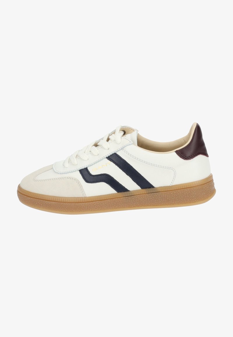 White sneaker with navy blue stripes, textured gum rubber outsole, and burgundy heel accent; made of leather and suede materials.