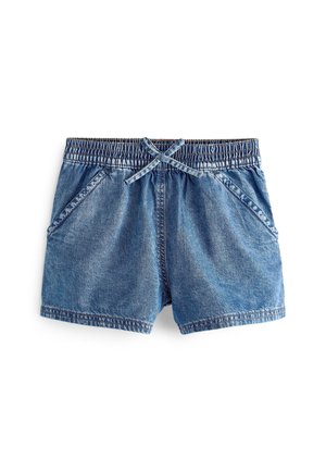 Short en jean bleu avec taille élastique et cordon, poches avant inclinées et coutures apparentes.
